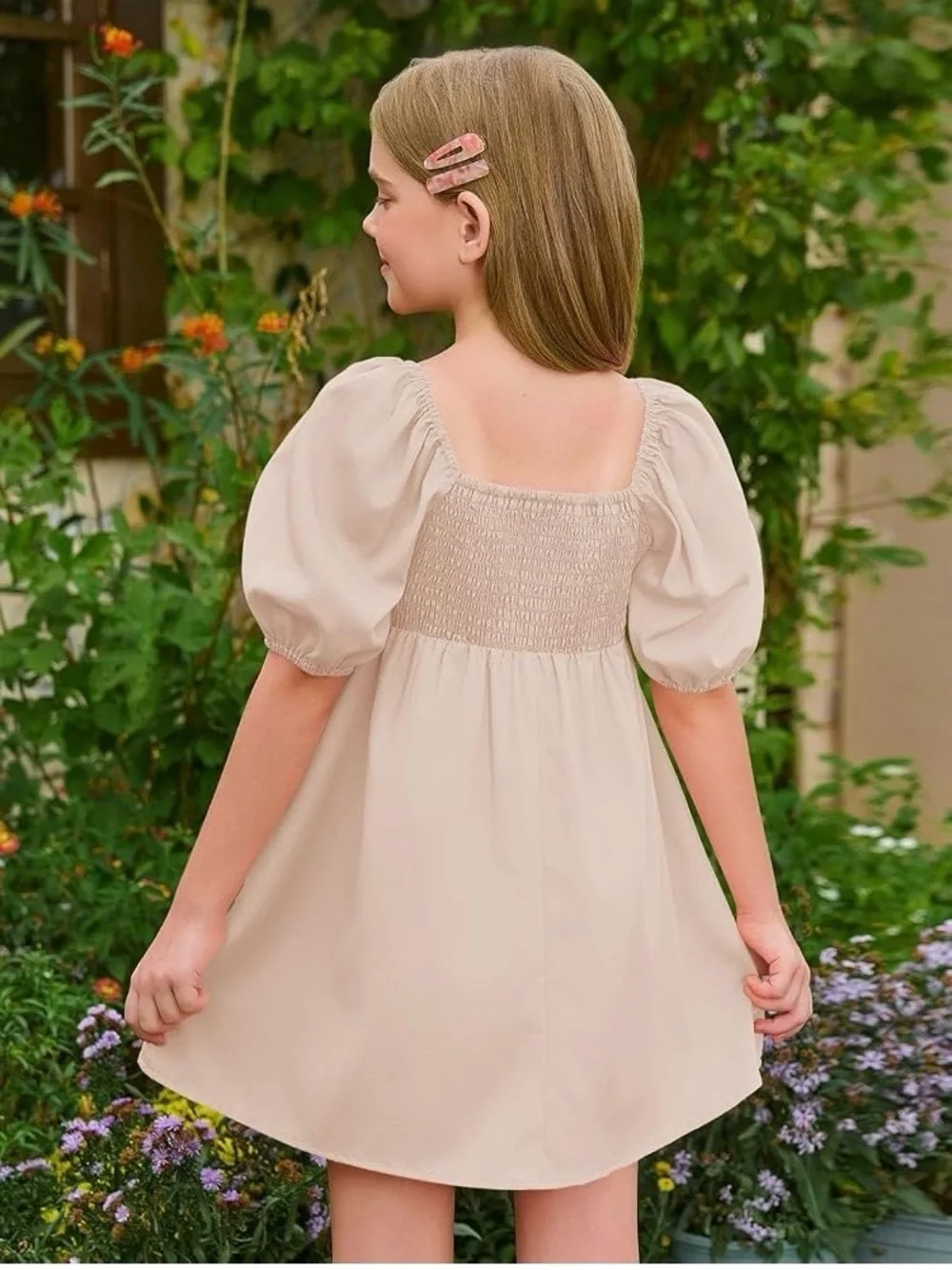 Girls' Cream Puff-Sleeve Square-Neck Dress